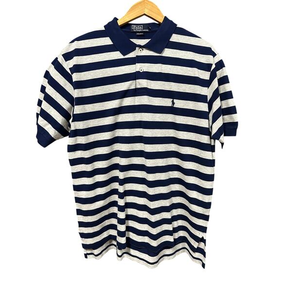 Polo Ralph Lauren Mens Polo Shirt Short Sleeve Blue Gray Stripe L Preppy Classic - Picture 1 of 7